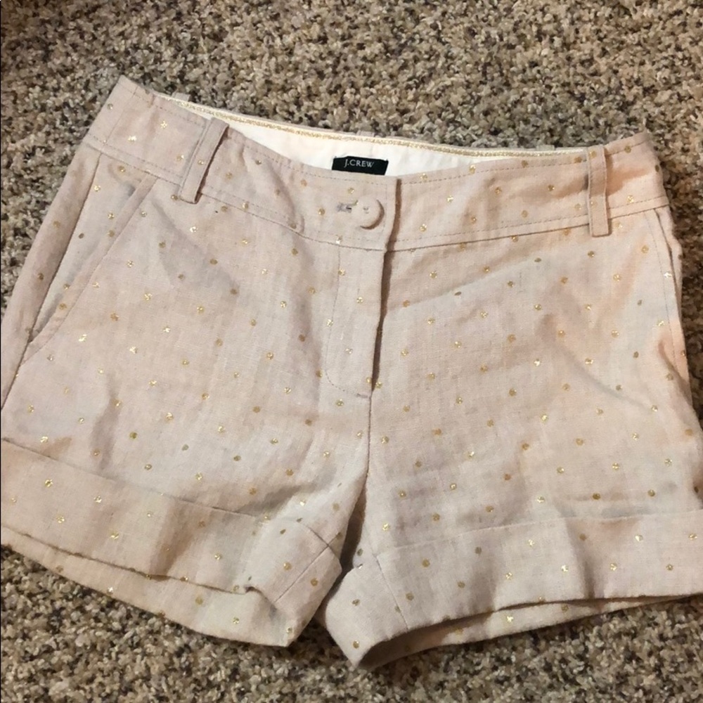 J crew khaki linen shorts with gold polka dots